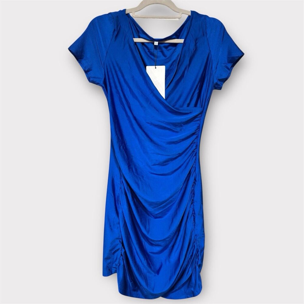 Y2K Royal Blue Mini Bodycon Dress XL Short Sleeve Party Event Clubwear